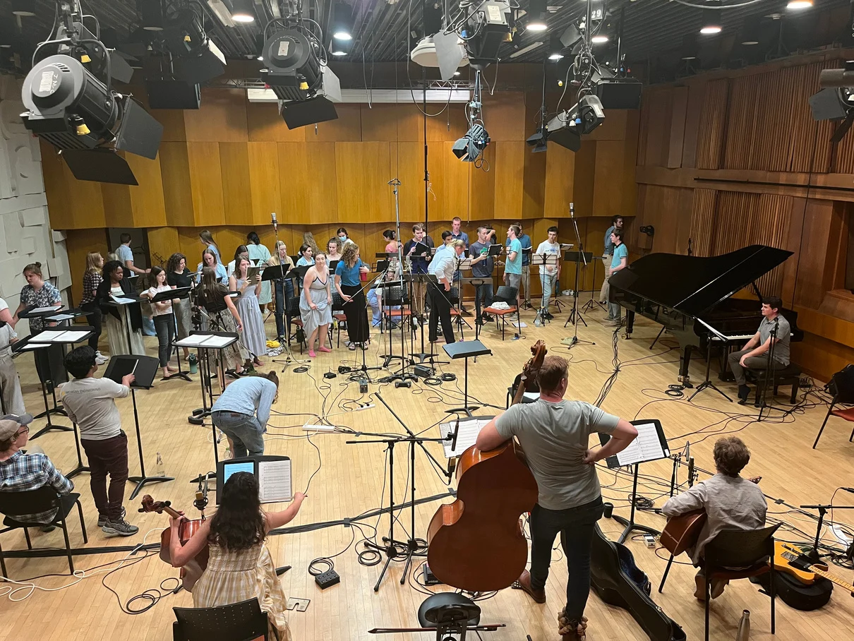 Musicians and singers recording together at the Jerusalem Music Center